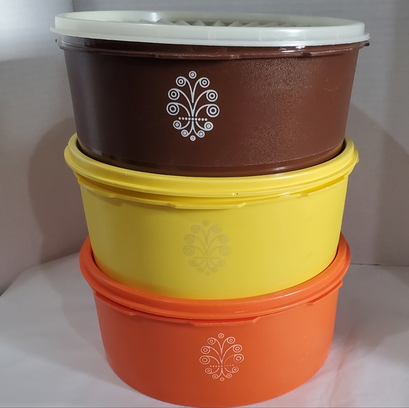 3 Round Tupperware Servalier Stacking Canister Sets 1 Brown 1 Orange 1 Yellow - Picture 13 of 13